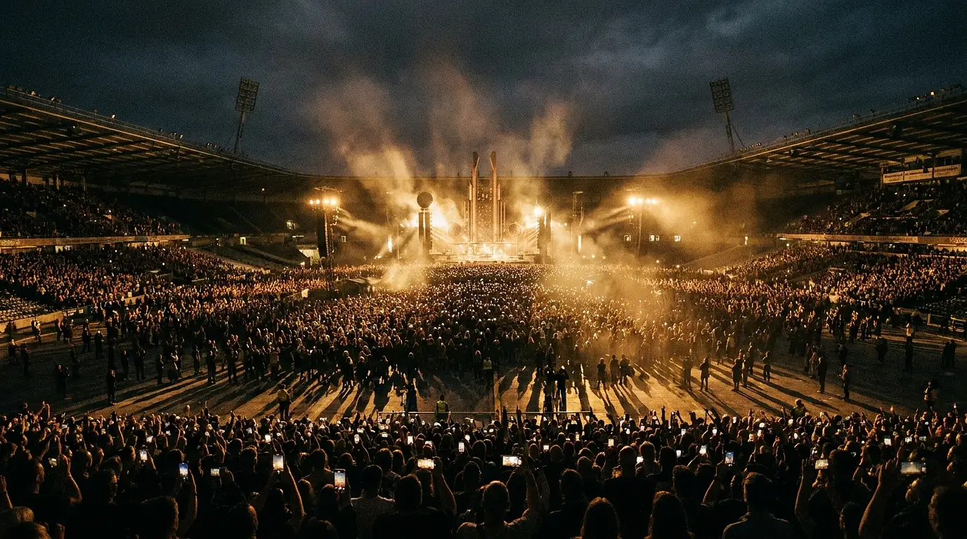 Recital de rock en un estadio de fútbol de noche, con el público iluminado por las luces del escenario