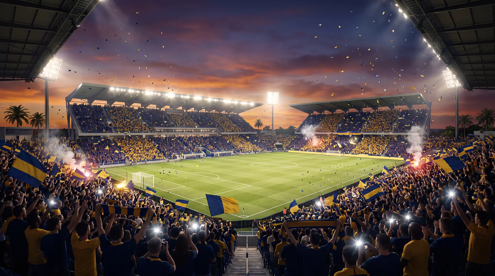 Football fans celebrating in a packed stadium during a continental final